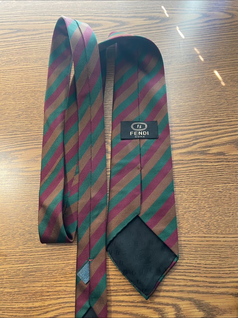 Fendi Striped Silk Tie in Burgundy, Green & Brown length 56, wide 3.5